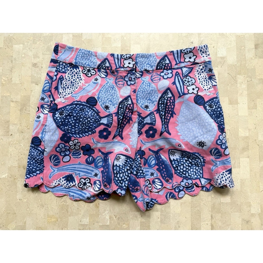 Talbots‎ Shorts Womens Pink Blue Fish Scalloped Hem Cotton Beach Nautical Sz 2